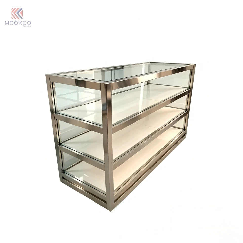 High-End Stainless Steel Counter Display Cabinet | Minimalist Retail For Single Barrister Shelf LED Lighting Freestanding factory