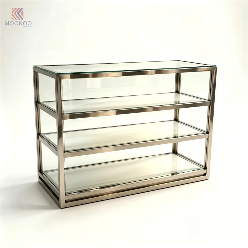 High-End Stainless Steel Counter Display Cabinet | Minimalist Retail For Single Barrister Shelf LED Lighting Freestanding