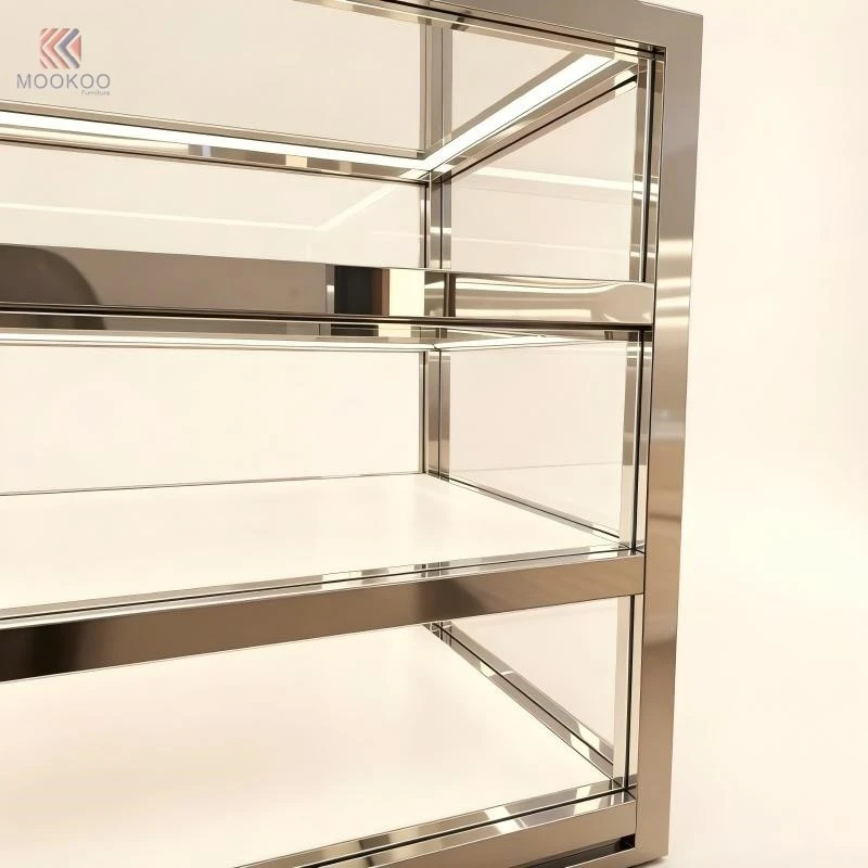 High-End Stainless Steel Counter Display Cabinet | Minimalist Retail For Single Barrister Shelf LED Lighting Freestanding high quality
