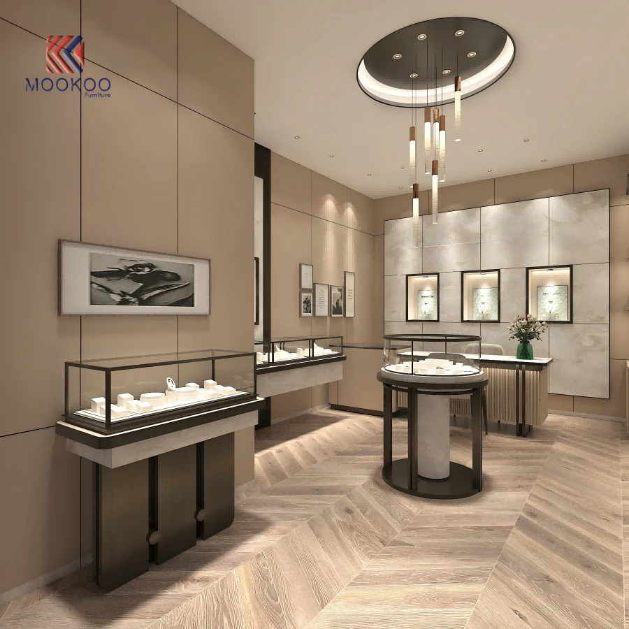 High End Tempered Glass Jewellery Display Cabinet, Custom Jewelry Boutique Interior Decoration Project