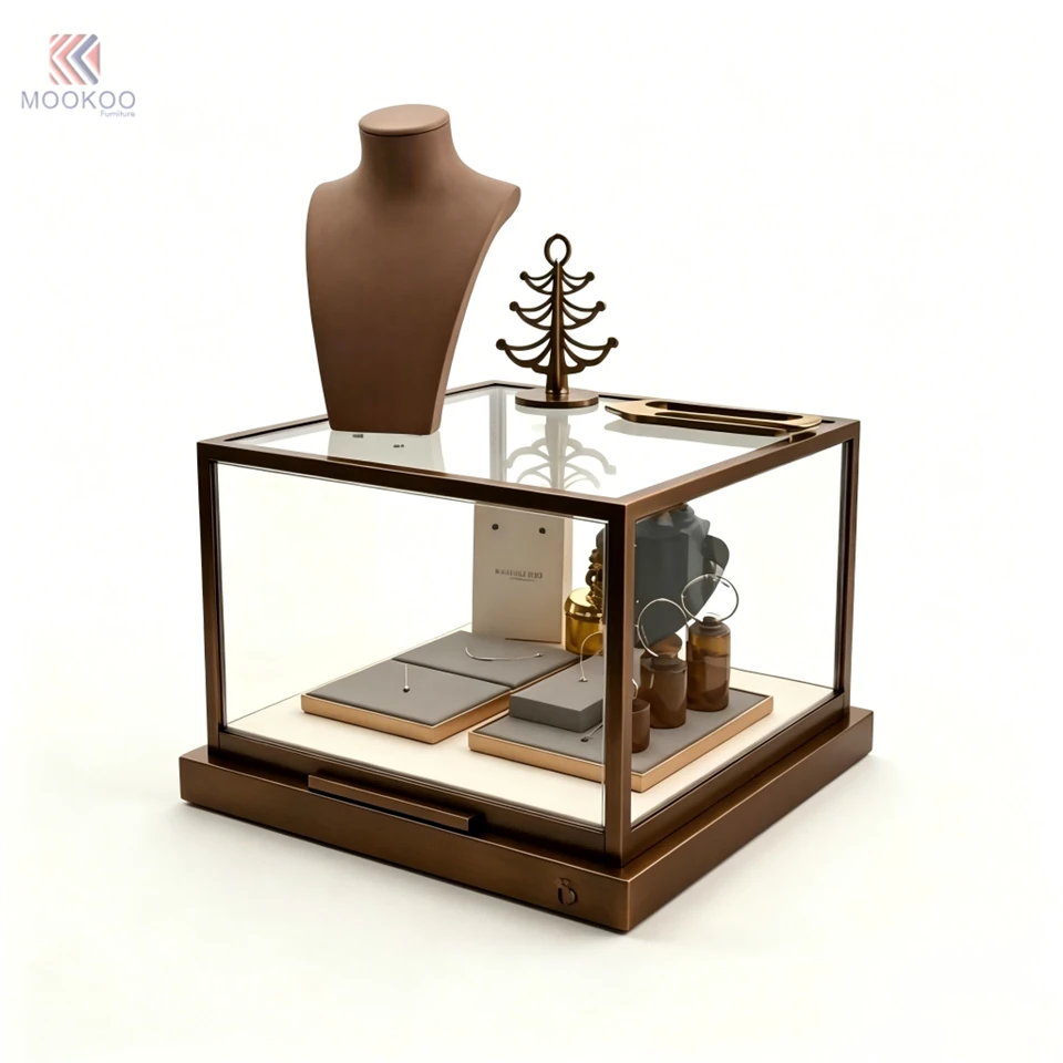 Luxury Bronze Metal Frame Custom Microfiber Jewelry Display Cabinet LED Lighting Modern Freestanding Design For Retail