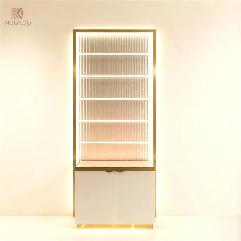 Luxury Customized MOOKOO Arc-Shaped LED Display Cabinet Set Freestanding Modern Chromed Metal Shelves Storage Retail Shop suppliers