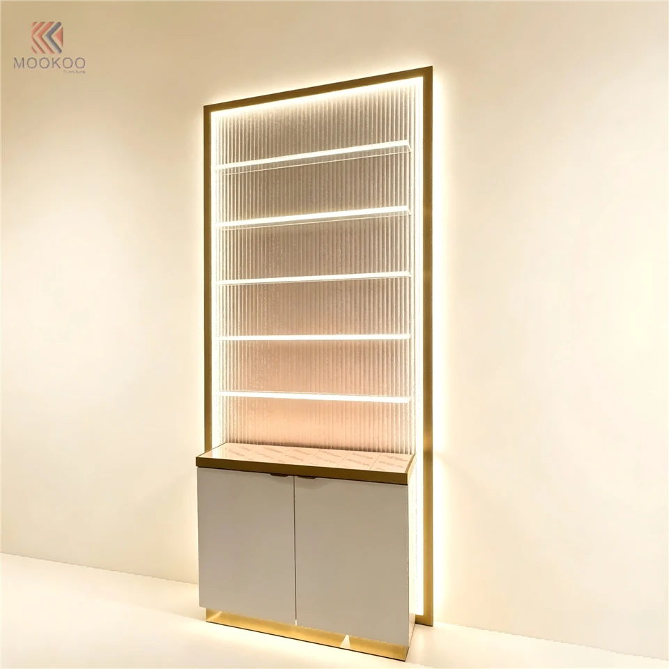 Luxury Customized MOOKOO Arc-Shaped LED Display Cabinet Set Freestanding Modern Chromed Metal Shelves Storage Retail Shop