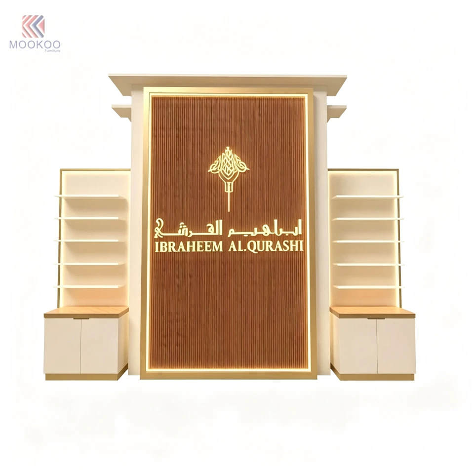 Luxury Customized MOOKOO Arc-Shaped LED Display Cabinet Set Freestanding Modern Chromed Metal Shelves Storage Retail Shop high quality