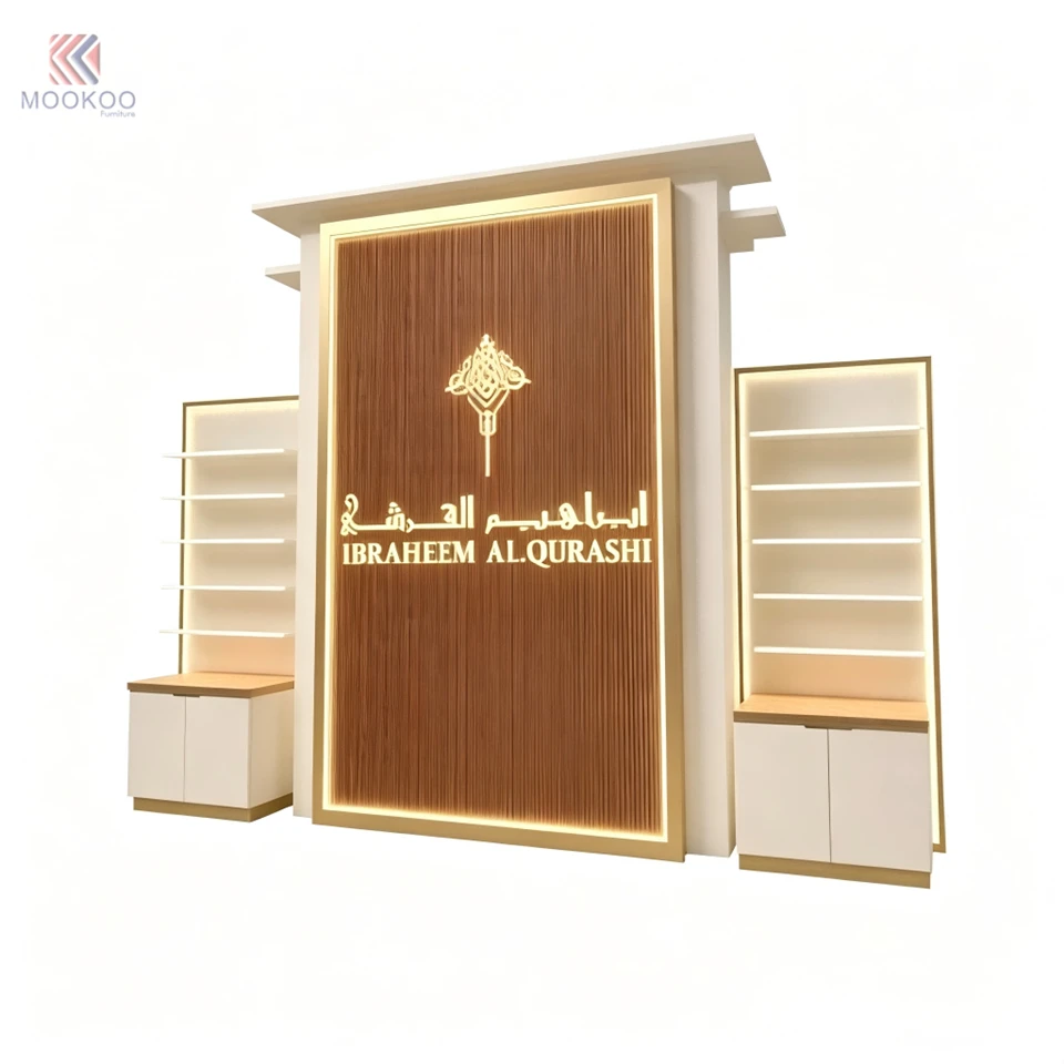 Luxury Customized MOOKOO Arc-Shaped LED Display Cabinet Set Freestanding Modern Chromed Metal Shelves Storage Retail Shop price