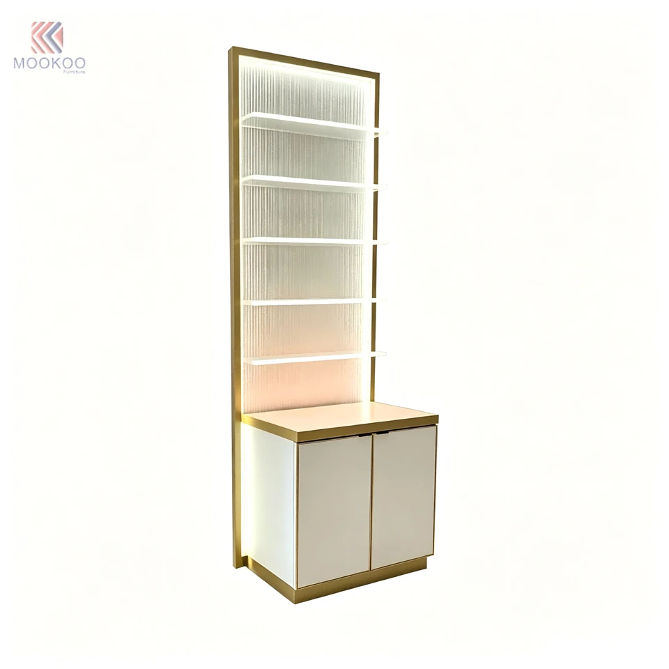 Luxury Customized MOOKOO Arc-Shaped LED Display Cabinet Set Freestanding Modern Chromed Metal Shelves Storage Retail Shop factory