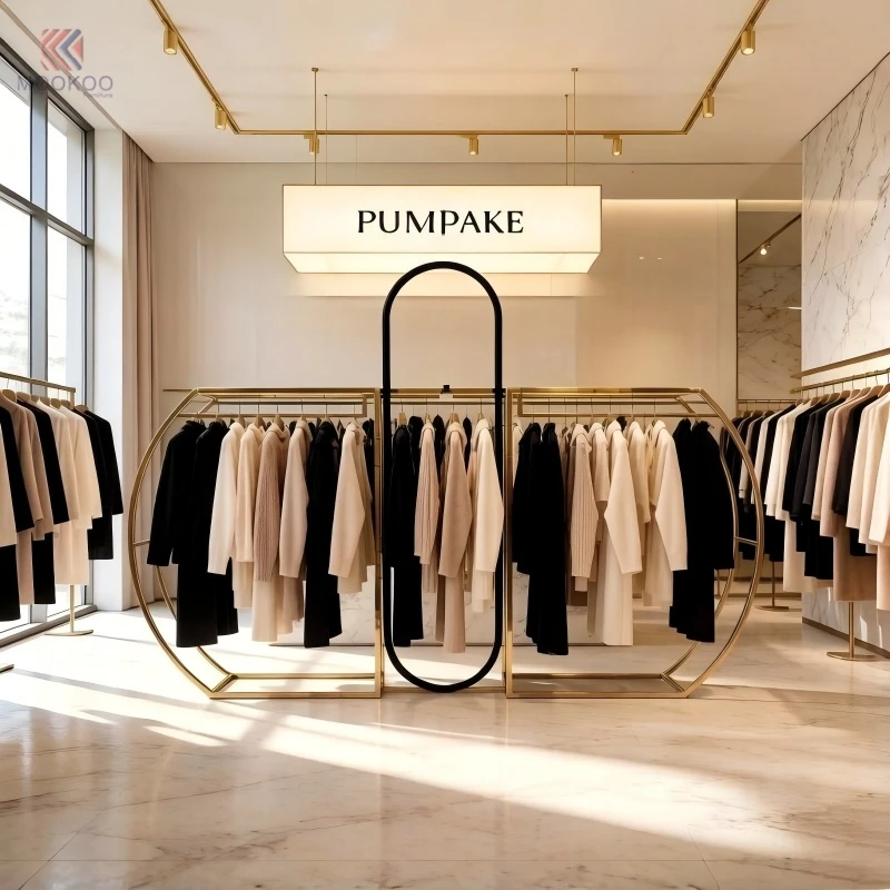 Luxury Gold Metal Clothing Display Rack Freestanding Garment Hanging Stand For Boutique Clothing Store