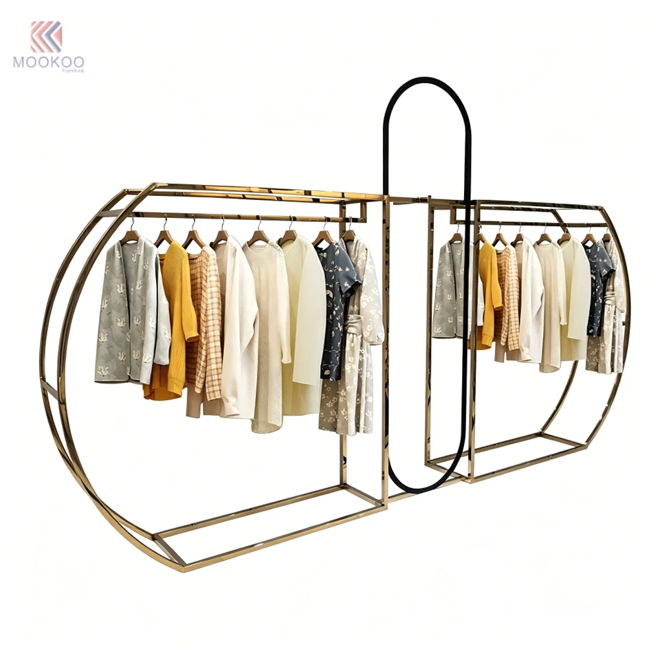 Luxury Gold Metal Clothing Display Rack Freestanding Garment Hanging Stand For Boutique Clothing Store factory