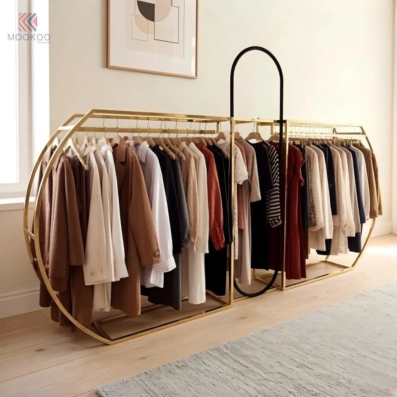 Luxury Gold Metal Clothing Display Rack Freestanding Garment Hanging Stand For Boutique Clothing Store suppliers
