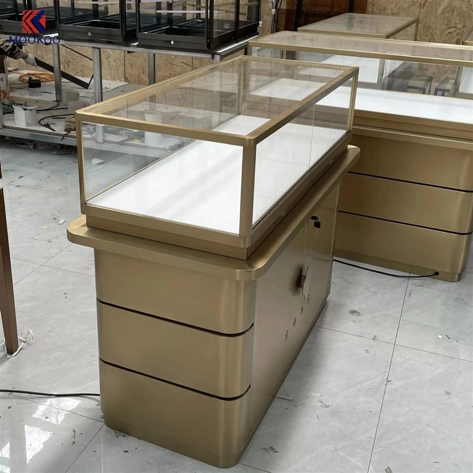 Luxury Gold Stainless Steel Jewelry Showcase Glass Display Counter With LED Light For Retail Jewellery Shop price