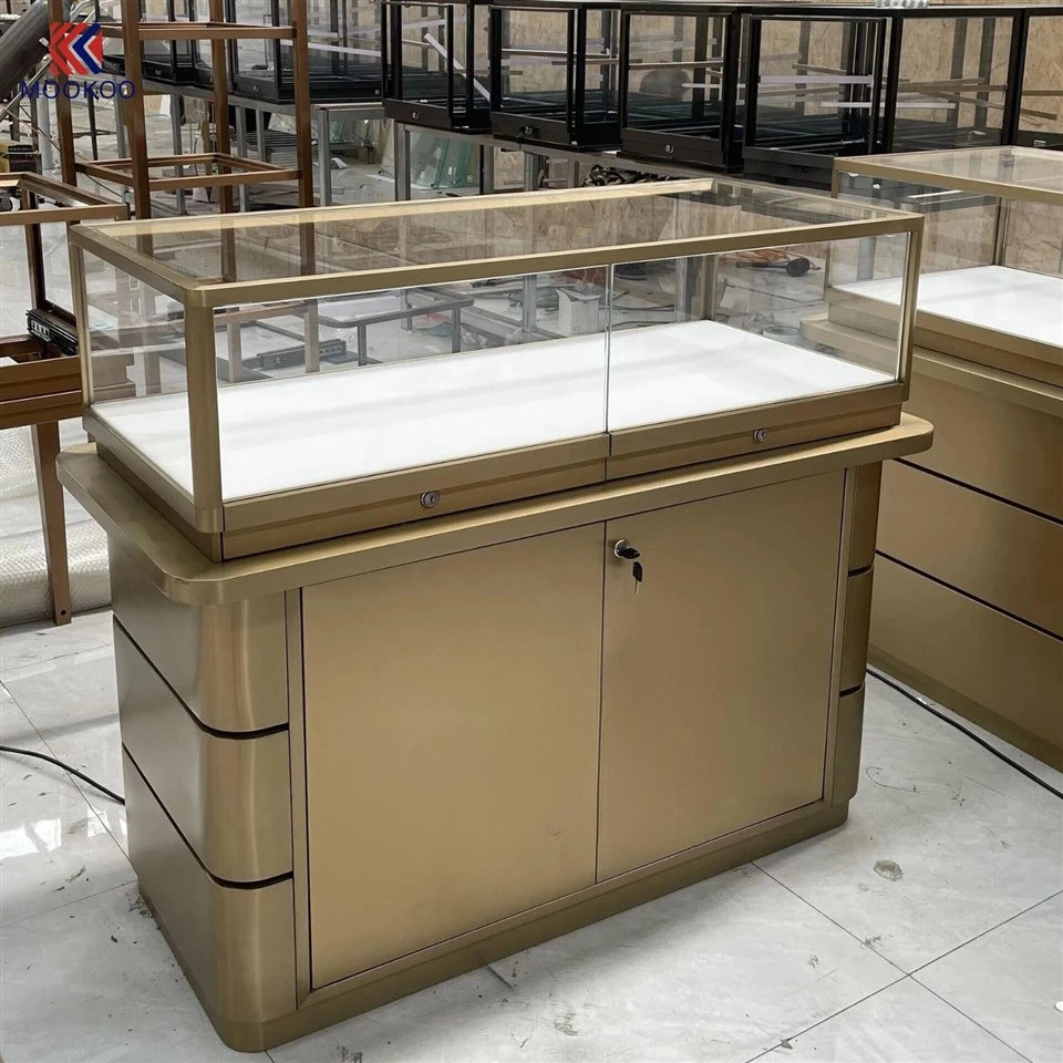 Luxury Gold Stainless Steel Jewelry Showcase Glass Display Counter With LED Light For Retail Jewellery Shop best