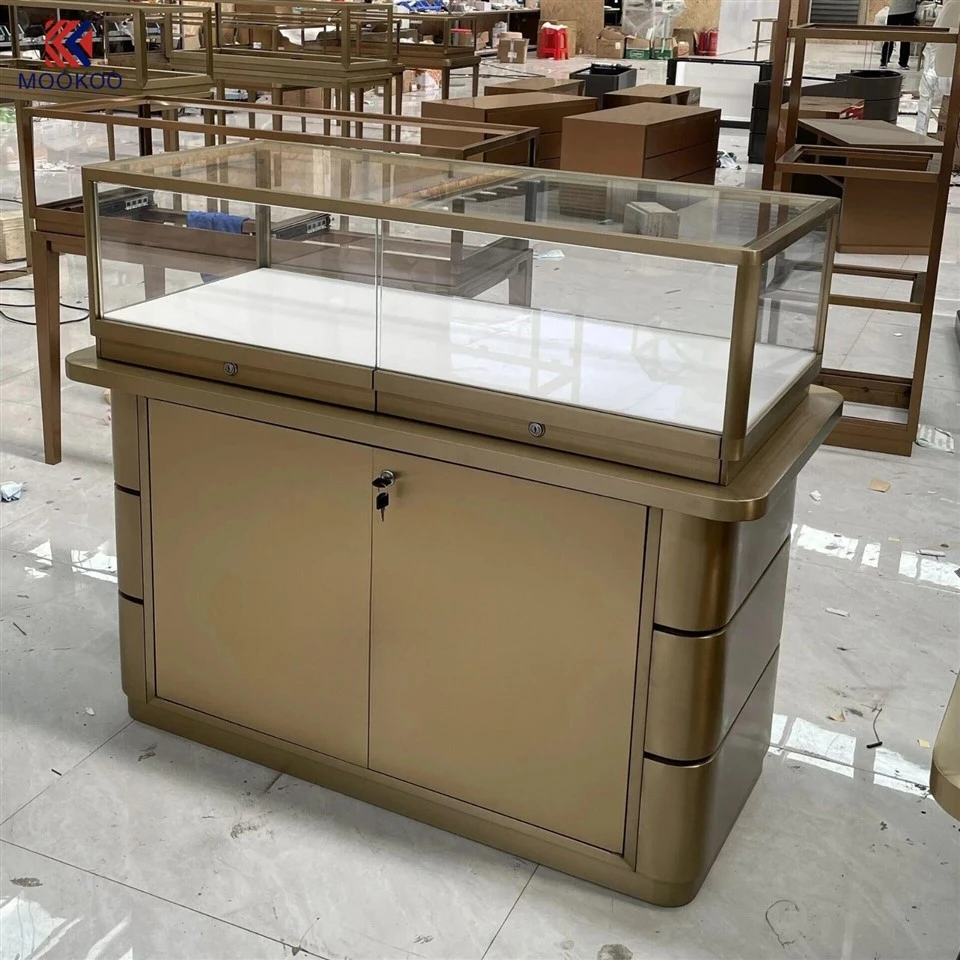 Luxury Gold Stainless Steel Jewelry Showcase Glass Display Counter With LED Light For Retail Jewellery Shop high quality