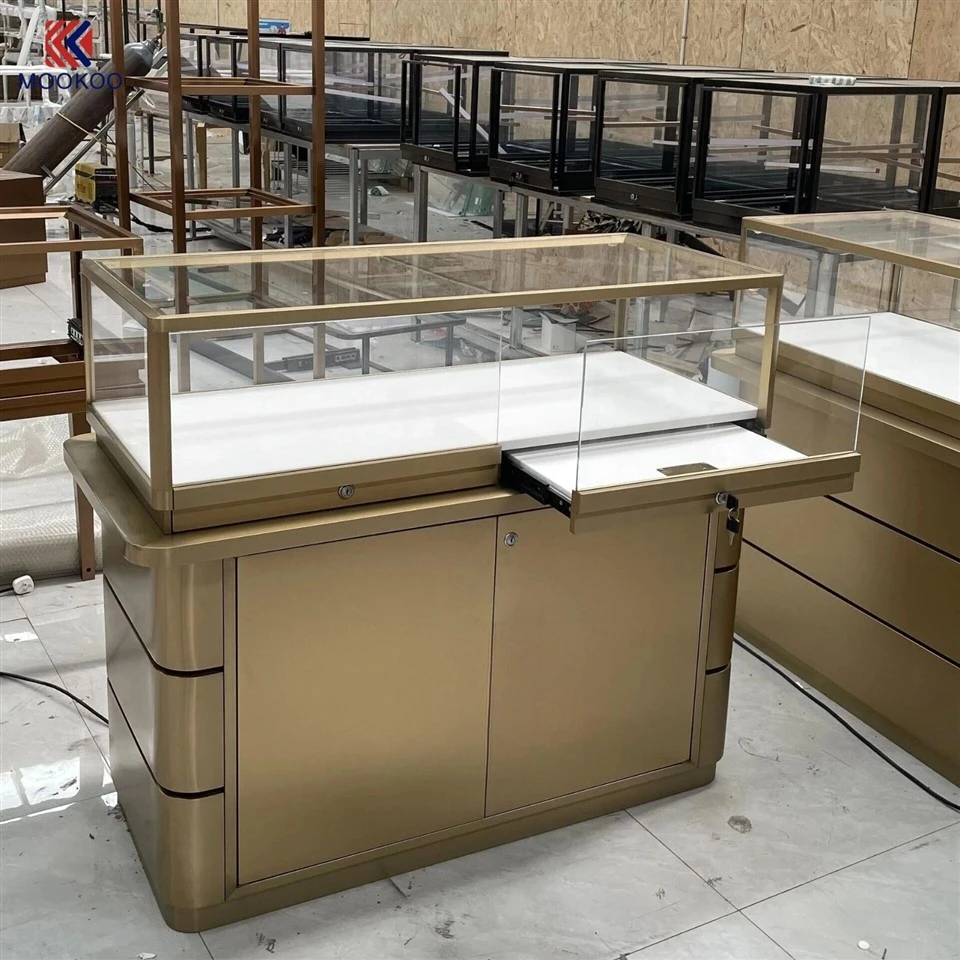Luxury Gold Stainless Steel Jewelry Showcase Glass Display Counter With LED Light For Retail Jewellery Shop factory