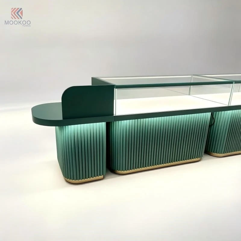Luxury Green Fluted Velvet Customized Jewelry Display Cabinet Varnish Glass Top LED Lighting Modern Oval Modular Counter factory