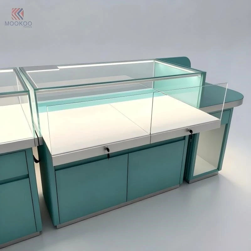 Luxury Green Fluted Velvet Customized Jewelry Display Cabinet Varnish Glass Top LED Lighting Modern Oval Modular Counter high quality