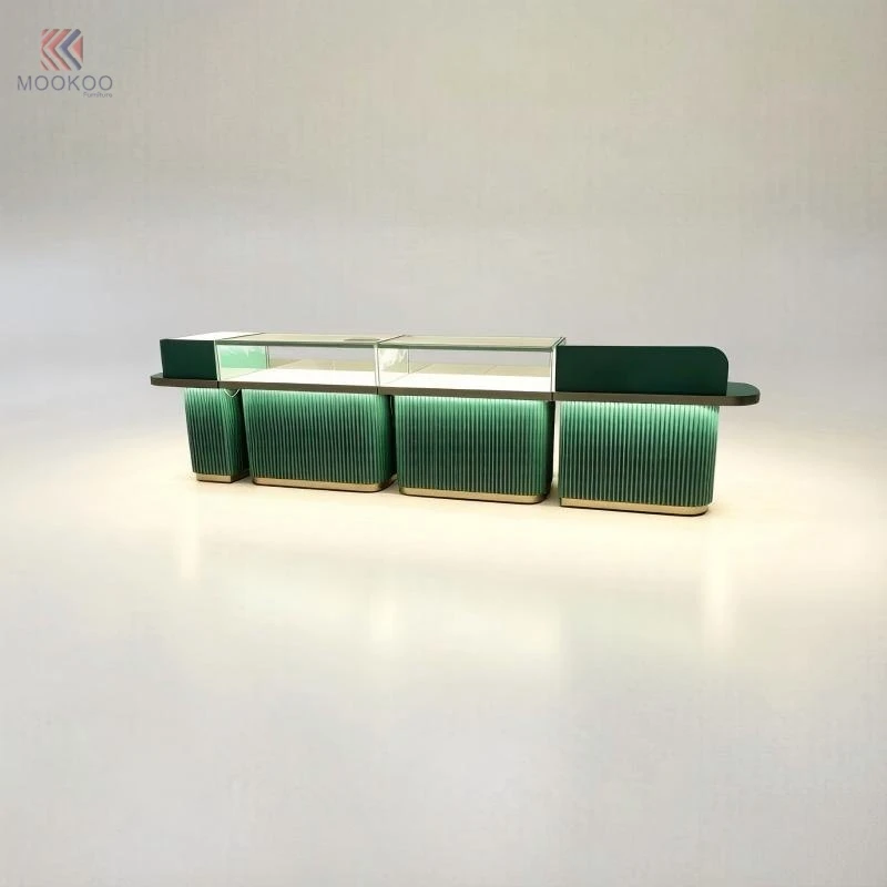 Luxury Green Fluted Velvet Customized Jewelry Display Cabinet Varnish Glass Top LED Lighting Modern Oval Modular Counter