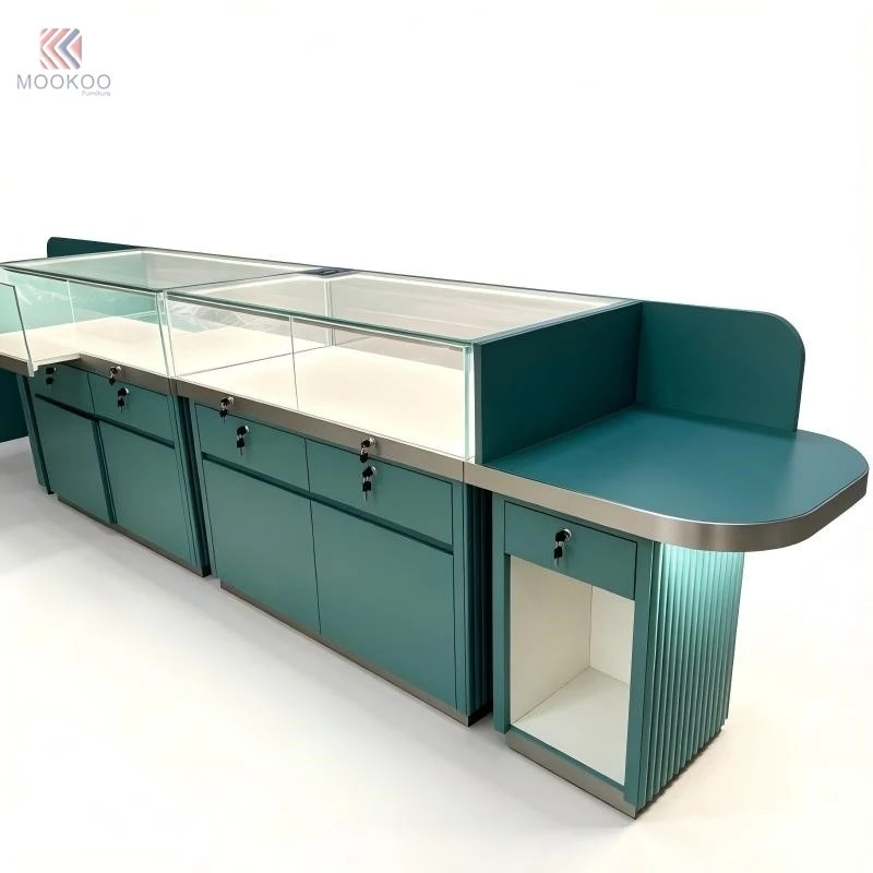 Luxury Green Fluted Velvet Customized Jewelry Display Cabinet Varnish Glass Top LED Lighting Modern Oval Modular Counter best