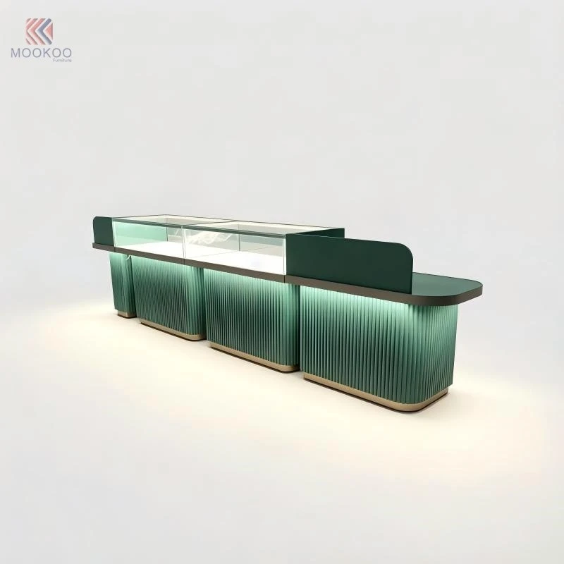 Luxury Green Fluted Velvet Customized Jewelry Display Cabinet Varnish Glass Top LED Lighting Modern Oval Modular Counter suppliers