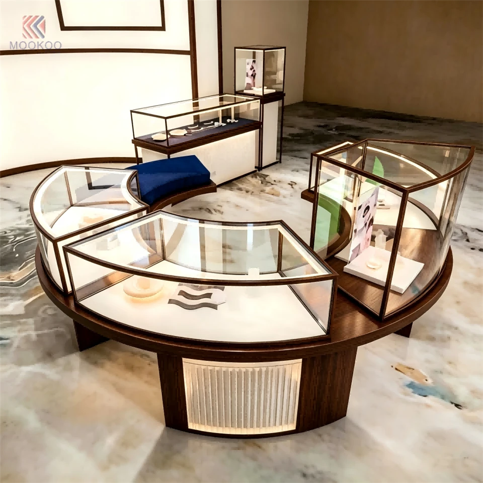 Luxury Modern Arc-Shaped Glass & Metal Rotating Detachable Jewelry For With LED Light For High-End Retail Shop suppliers