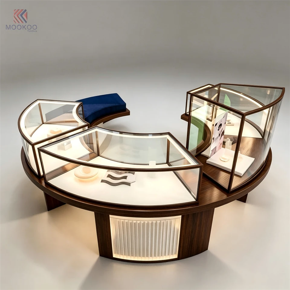 Luxury Modern Arc-Shaped Glass & Metal Rotating Detachable Jewelry For With LED Light For High-End Retail Shop