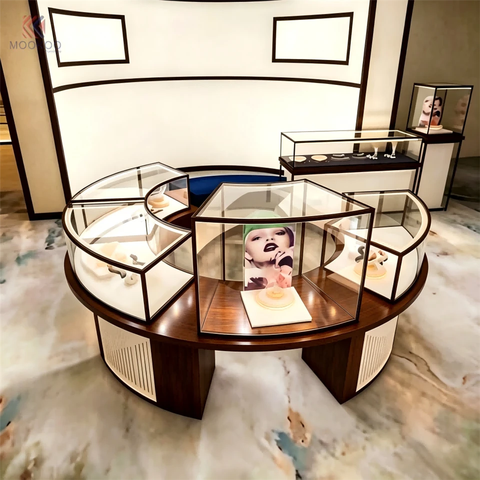 Luxury Modern Arc-Shaped Glass & Metal Rotating Detachable Jewelry For With LED Light For High-End Retail Shop high quality