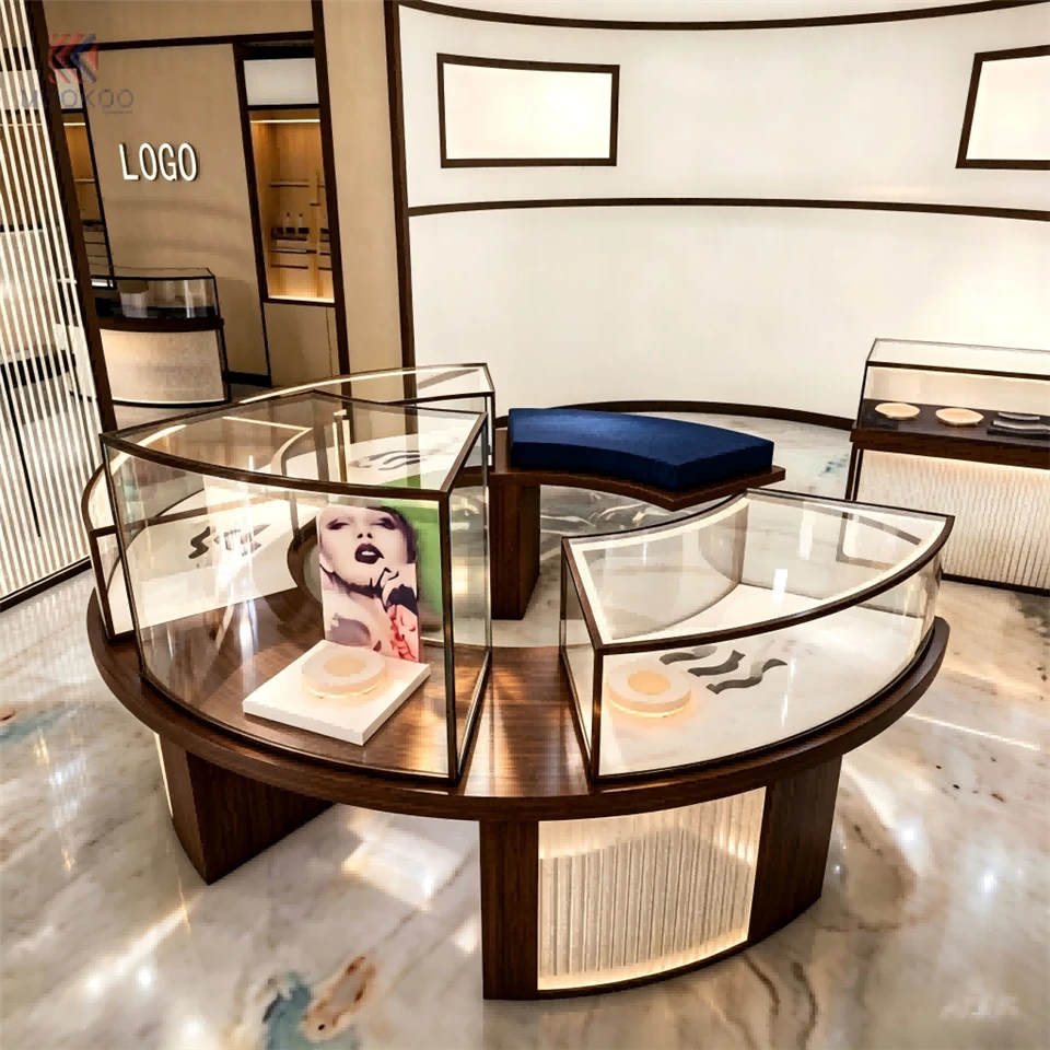 Luxury Modern Arc-Shaped Glass & Metal Rotating Detachable Jewelry For With LED Light For High-End Retail Shop factory
