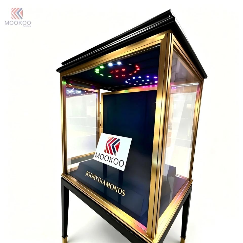 Luxury Modern Jewelry Watch Display Cabinet | Black Gold Metal Glass For Blue Velvet Interior | Freestanding LED-Lit best