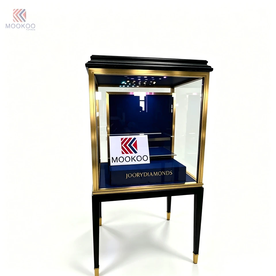 Luxury Modern Jewelry Watch Display Cabinet | Black Gold Metal Glass For Blue Velvet Interior | Freestanding LED-Lit factory