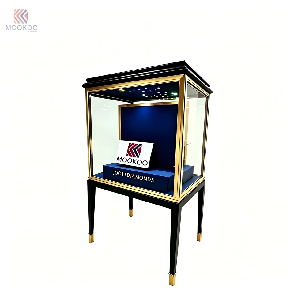 Luxury Modern Jewelry Watch Display Cabinet | Black Gold Metal Glass For Blue Velvet Interior | Freestanding LED-Lit