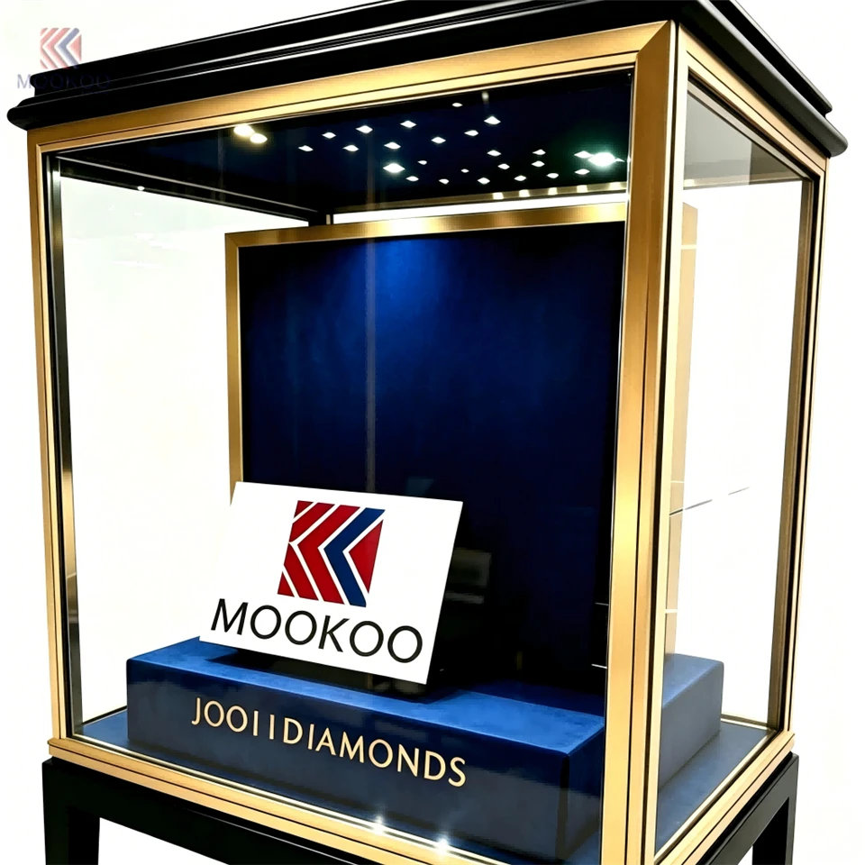 Luxury Modern Jewelry Watch Display Cabinet | Black Gold Metal Glass For Blue Velvet Interior | Freestanding LED-Lit high quality