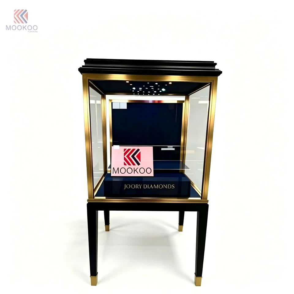 Luxury Modern Jewelry Watch Display Cabinet | Black Gold Metal Glass For Blue Velvet Interior | Freestanding LED-Lit suppliers