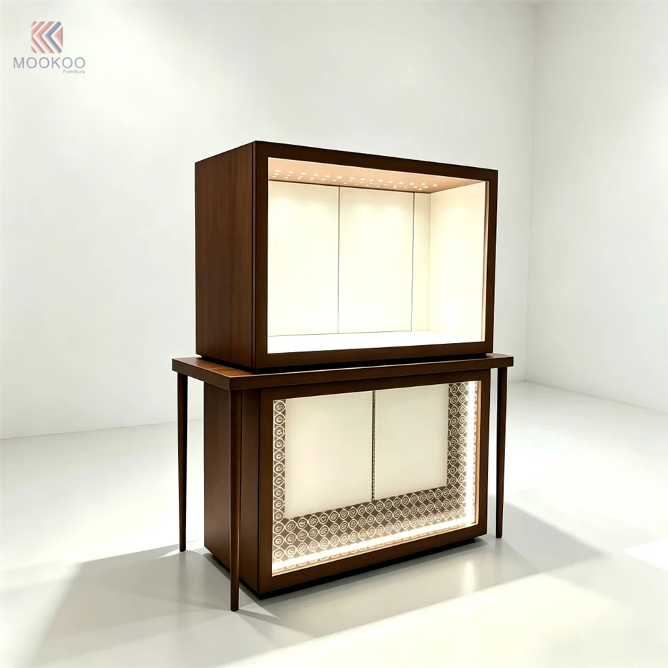 Luxury Modern Rotating Floor Standing Display Cabinet Marble Top Walnut Wood Frame Geometric Backlit LED Panel High End Watch factory