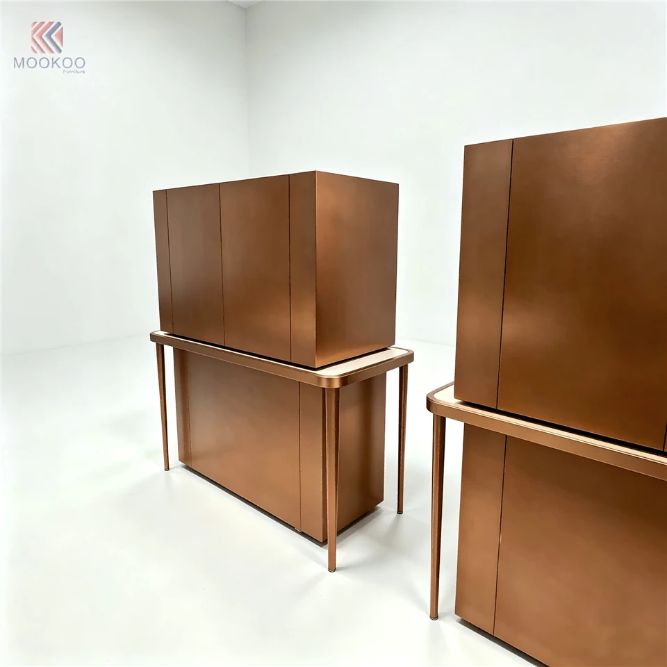 Luxury Modern Rotating Floor Standing Display Cabinet Marble Top Walnut Wood Frame Geometric Backlit LED Panel High End Watch high quality