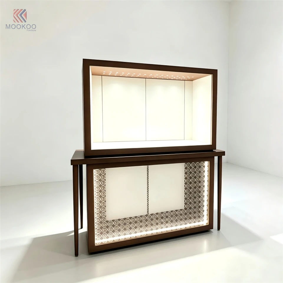 Luxury Modern Rotating Floor Standing Display Cabinet Marble Top Walnut Wood Frame Geometric Backlit LED Panel High End Watch suppliers