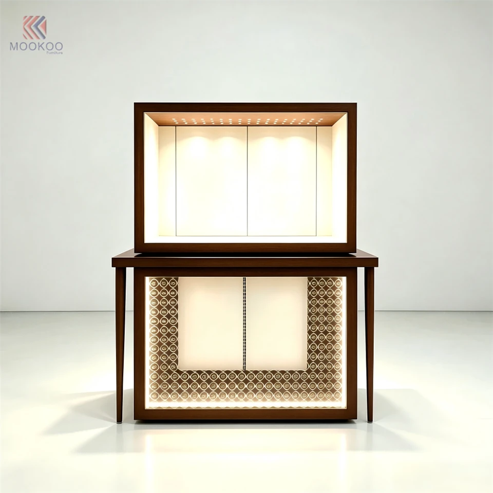 Luxury Modern Rotating Floor Standing Display Cabinet Marble Top Walnut Wood Frame Geometric Backlit LED Panel High End Watch
