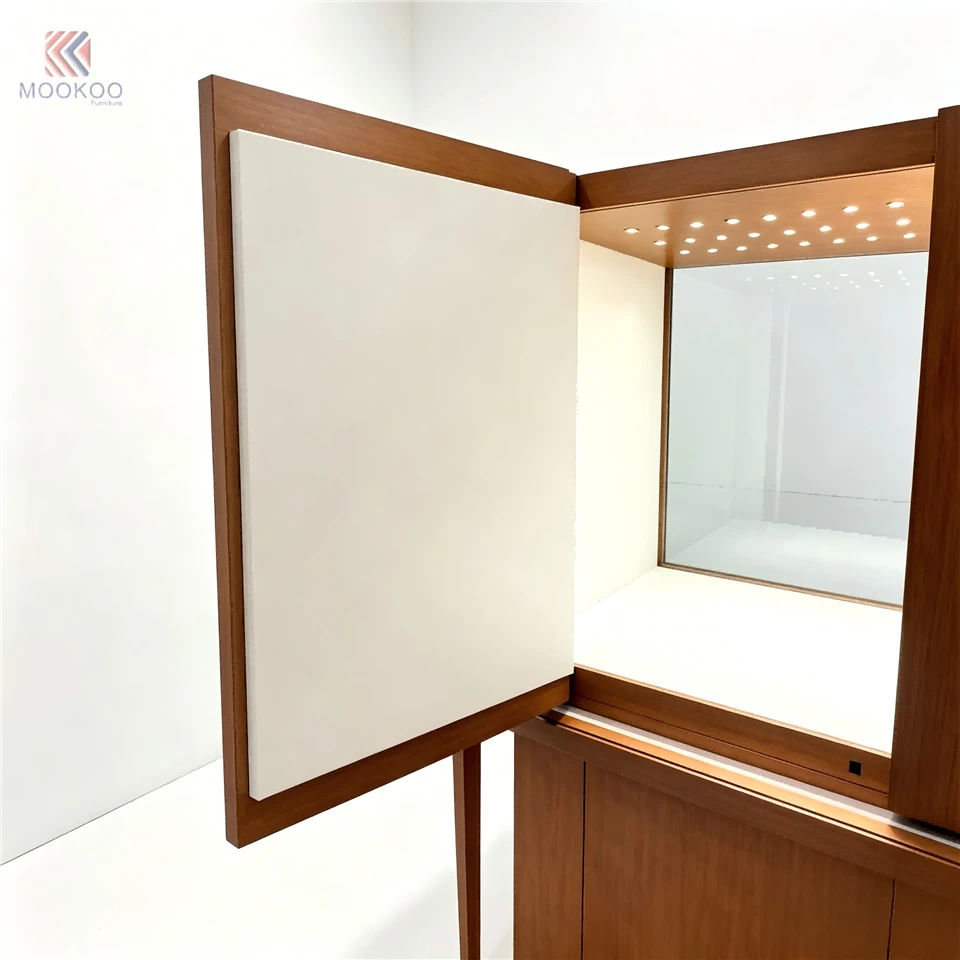 Luxury Modern Rotating Floor Standing Display Cabinet Marble Top Walnut Wood Frame Geometric Backlit LED Panel High End Watch price