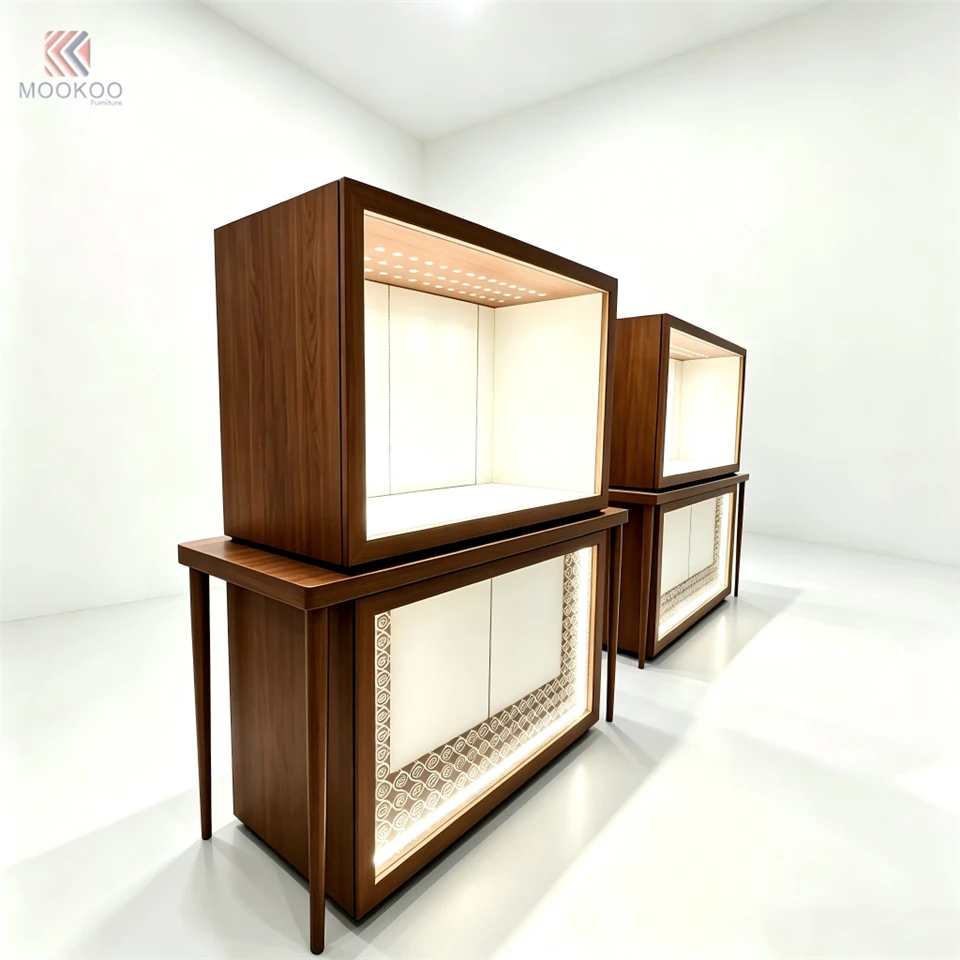 Luxury Modern Rotating Floor Standing Display Cabinet Marble Top Walnut Wood Frame Geometric Backlit LED Panel High End Watch best