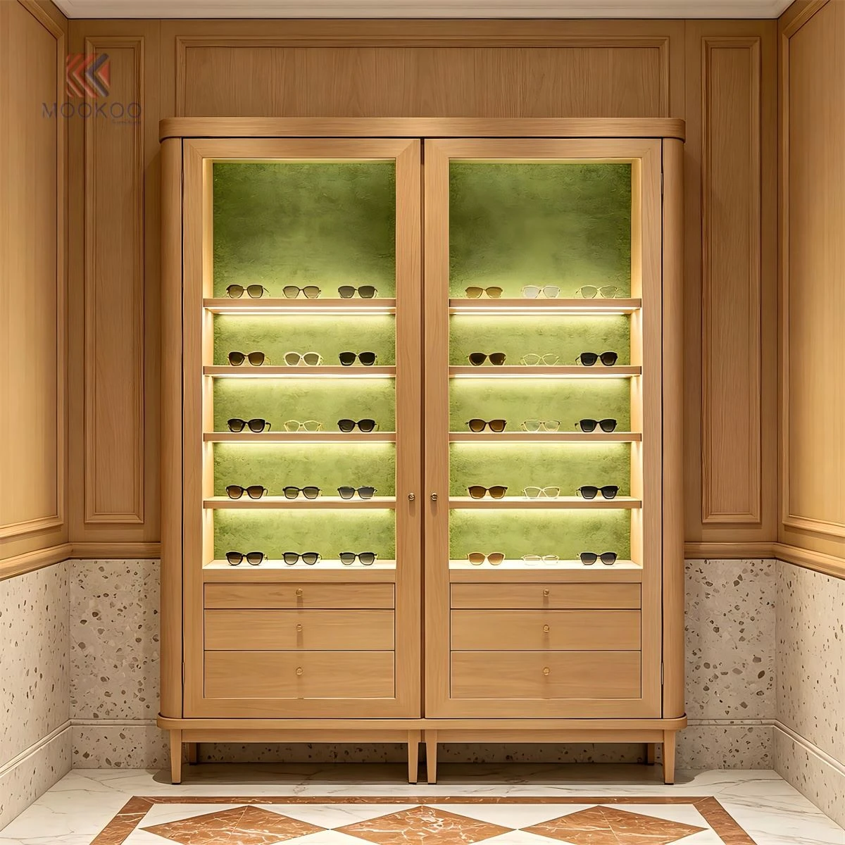 Luxury Solid Wood Eyewear Display Cabinet 8004002200 Custom Sunglasses Showcase For Optical Store