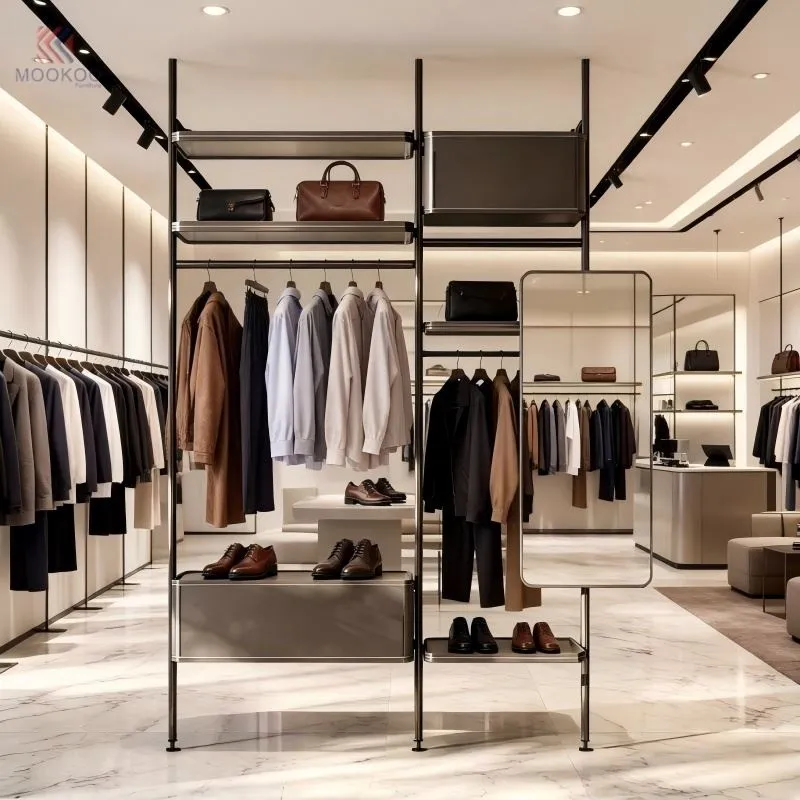 Luxury Stainless Steel Clothing Display Rack With Tempered Glass Shelves And LED Screen, High-End Retail Garment Display Stand With Shoe Rack, Modern Boutique Fixtures For Mens Suits And Bag Accessories