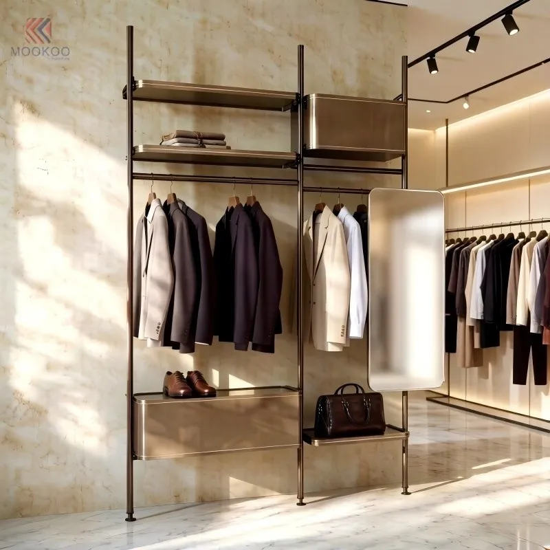Luxury Stainless Steel Clothing Display Rack With Tempered Glass Shelves And LED Screen, High-End Retail Garment Display Stand With Shoe Rack, Modern Boutique Fixtures For Mens Suits And Bag Accessories suppliers
