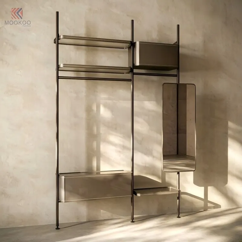 Luxury Stainless Steel Clothing Display Rack With Tempered Glass Shelves And LED Screen, High-End Retail Garment Display Stand With Shoe Rack, Modern Boutique Fixtures For Mens Suits And Bag Accessories best
