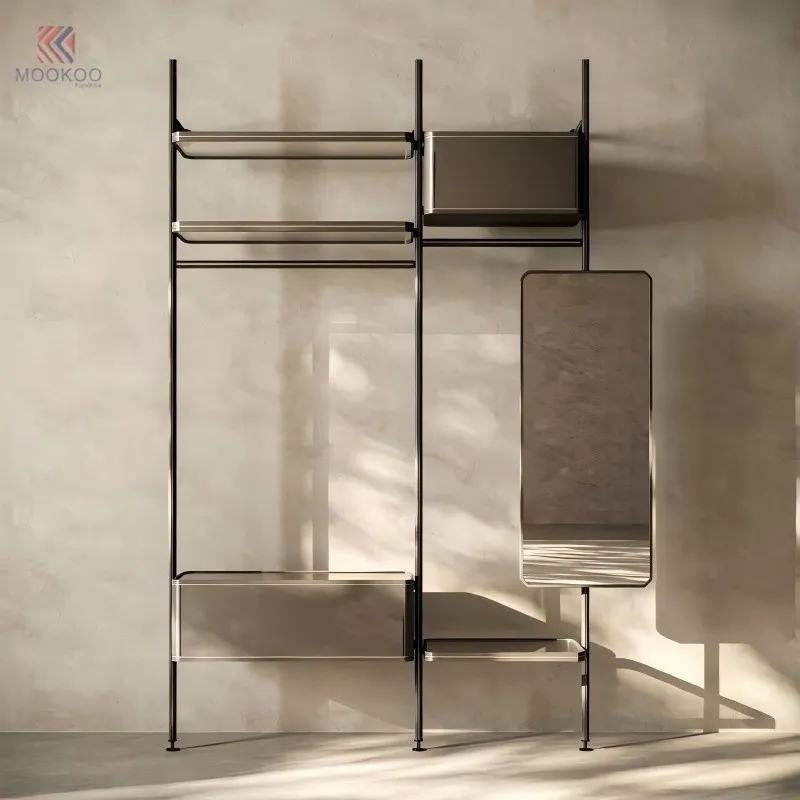 Luxury Stainless Steel Clothing Display Rack With Tempered Glass Shelves And LED Screen, High-End Retail Garment Display Stand With Shoe Rack, Modern Boutique Fixtures For Mens Suits And Bag Accessories factory
