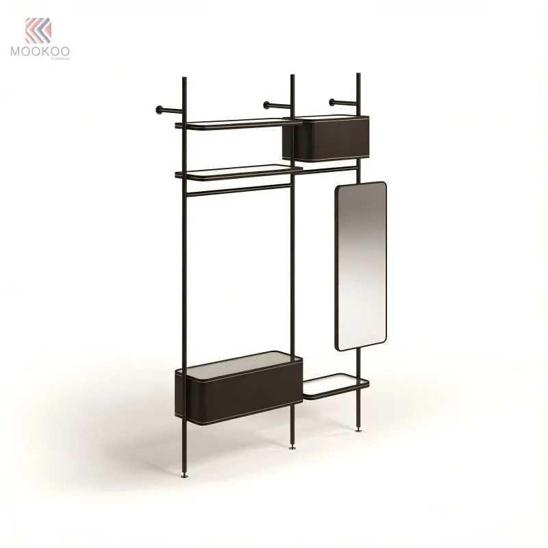 Luxury Stainless Steel Clothing Display Rack With Tempered Glass Shelves And LED Screen, High-End Retail Garment Display Stand With Shoe Rack, Modern Boutique Fixtures For Mens Suits And Bag Accessories high quality