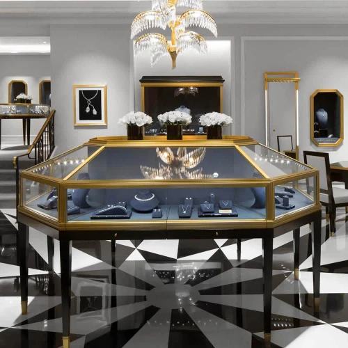 Luxury Vintage-Inspired Gilded Brass Round & Hexagonal Blue-Tinted Glass Jewelry Showcase For High-End Boutiques