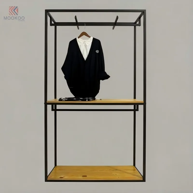 Matte Black Metal Rotating Modern Clothing Display Stand Asymmetric Rack Top Hooks Freestanding Organizer Apparel Retail Shop