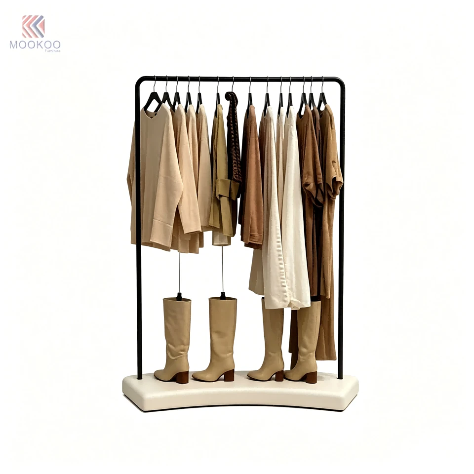 Matte Black Modern Single Rod Garment Rack Boot Display Holders Floor Clothing Stand Stable Base Metal MOOKOO Boutique Apparel