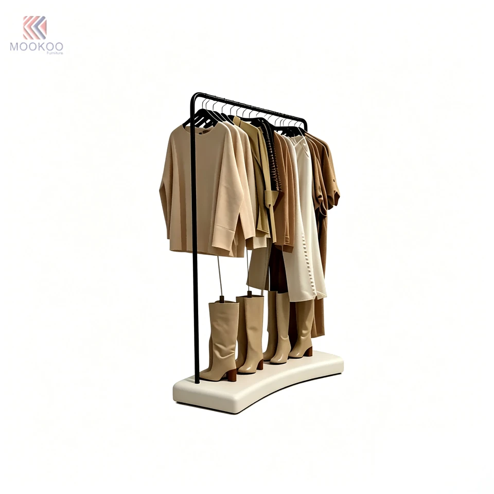 Matte Black Modern Single Rod Garment Rack Boot Display Holders Floor Clothing Stand Stable Base Metal MOOKOO Boutique Apparel suppliers