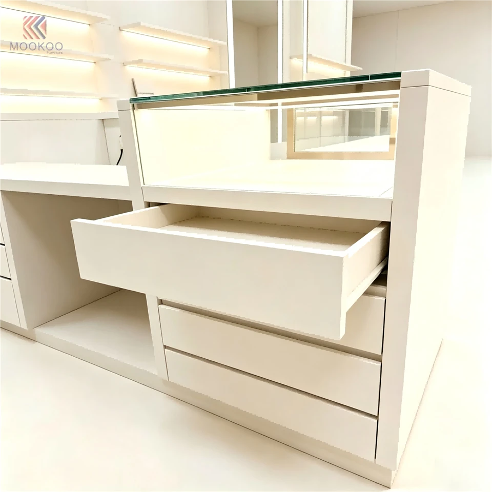 Modern Customized White High-Gloss Varnish Rotating Metal Display Cube LED Lighting 8mm Thick Easy Assembly Freestanding Corner high quality