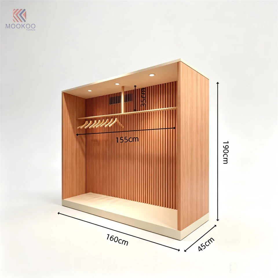 Modern Customized Wood Open Wardrobe LED Lighting Horizontal Slat Back Panel Design Single Hanging Rail Closet Organizer price