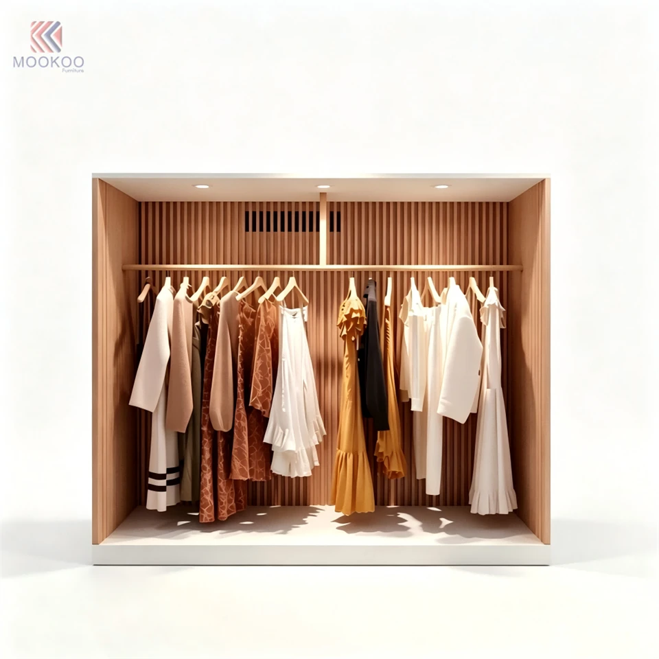 Modern Customized Wood Open Wardrobe LED Lighting Horizontal Slat Back Panel Design Single Hanging Rail Closet Organizer